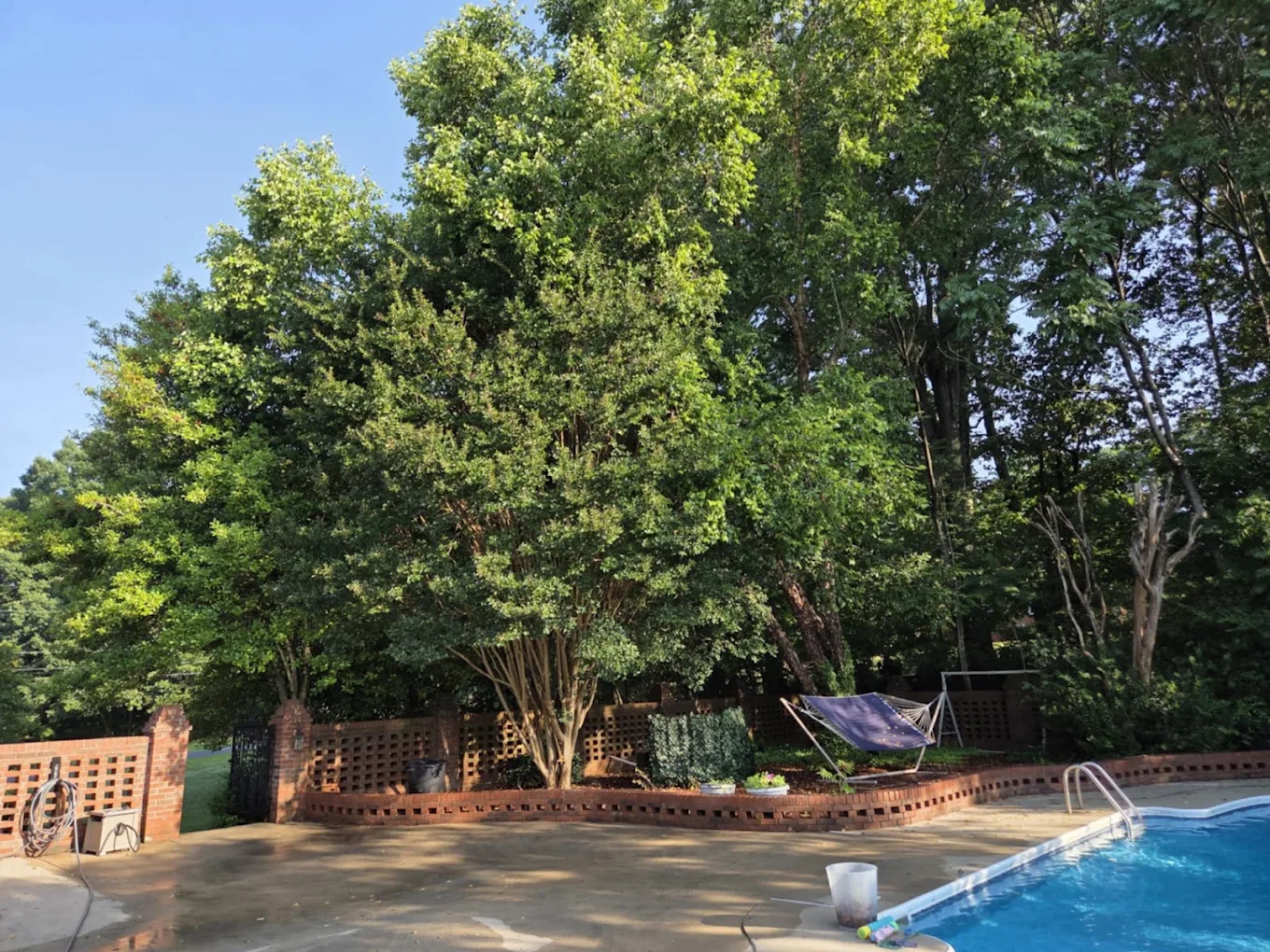 Brick retaining and privacy wall running along a trimmed treeline